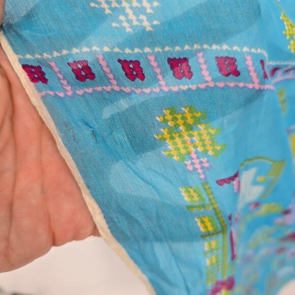 Vintage Desen India 100% Turkish Silk Scarf – Bright Blue Folk Geometric Pattern - Picture 5 of 7